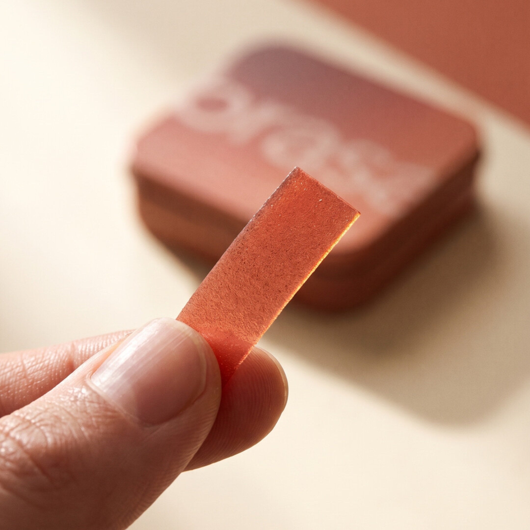a thin raspberry brasa iron strip held at the fingertips beside the open tin, showing its scale